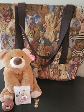 Bear Bundle Of Tapestry Tote, Ty Beanie, Bear Charm, Bear Pin, And Lip Gloss
